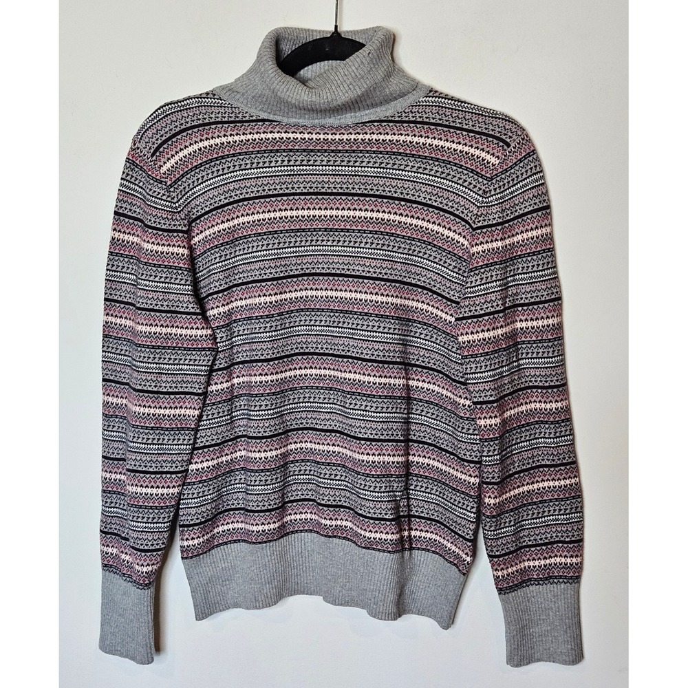 L.L.Bean Fair Isle Turtleneck Sweater Womens Small‎ Petite Gray Cotton Cashmere